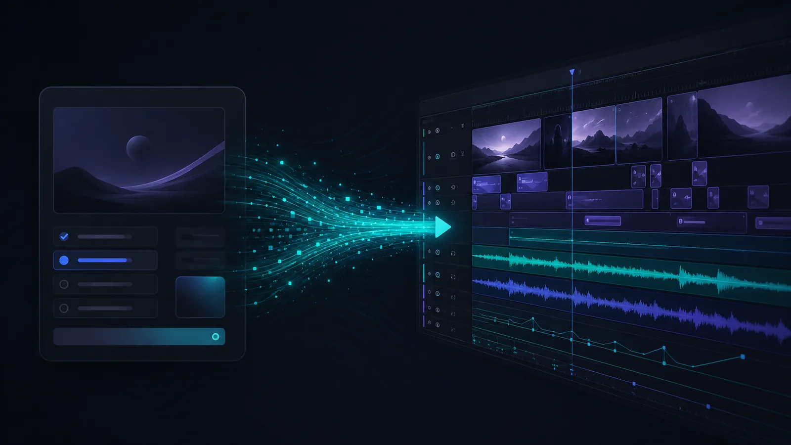 A synced LansPilot timeline flowing into a professional editor with waveforms
